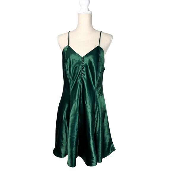 Satin and Beaux Vintage Emerald Green Satin Slip Dress 90s Y2K L - Picture 1 of 6
